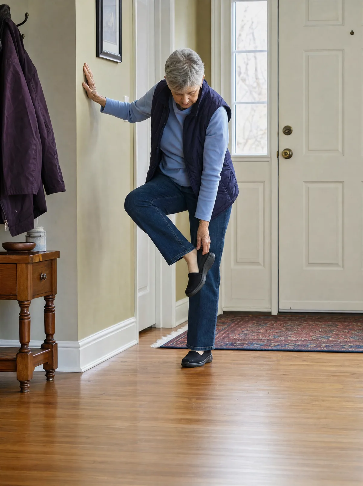 A senior at the front door, one hand flat against the wall, a shoe half on. Shot from across the hall so the wall and the chair are both in frame. Warm, ordinary, unposed. Never a fall, a stumble, a near miss, an alarmed face, anyone helping, a cane, a walker or a grab rail.